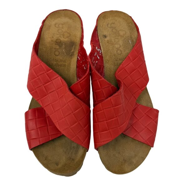 Yokono Sandals Womens Size 7.5 Red Woven Leather Slide-On Wedge Thick Straps - Picture 8 of 8